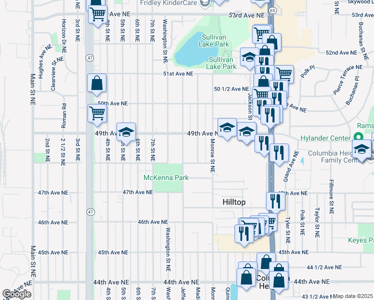 map of restaurants, bars, coffee shops, grocery stores, and more near 4801 Jefferson Street Northeast in Minneapolis