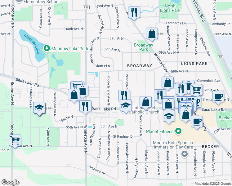 map of restaurants, bars, coffee shops, grocery stores, and more near 5618 Rhode Island Avenue North in Minneapolis
