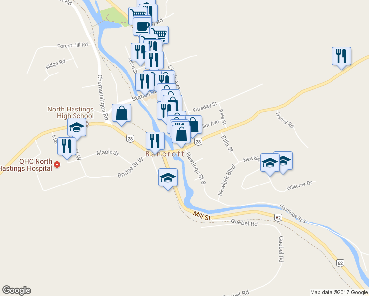 map of restaurants, bars, coffee shops, grocery stores, and more near 0 Highway 62 in Bancroft