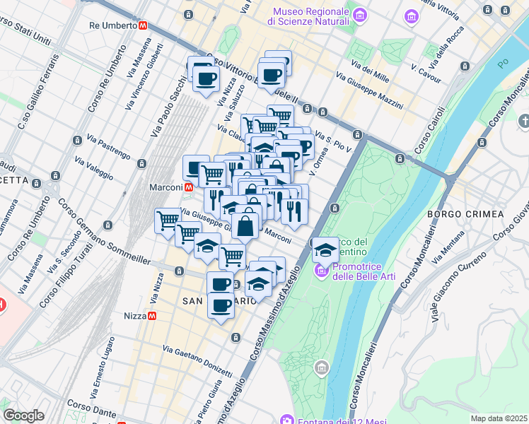 map of restaurants, bars, coffee shops, grocery stores, and more near 32 Via Madama Cristina in Torino