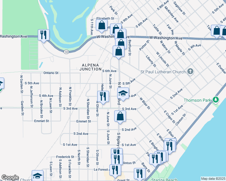 map of restaurants, bars, coffee shops, grocery stores, and more near 468 North Ripley Boulevard in Alpena