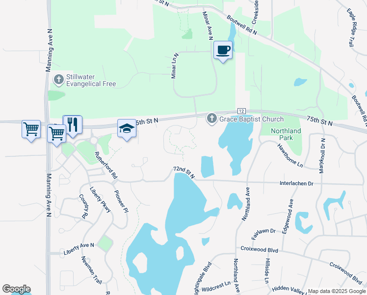 map of restaurants, bars, coffee shops, grocery stores, and more near 107 Bridgewater Way in Stillwater
