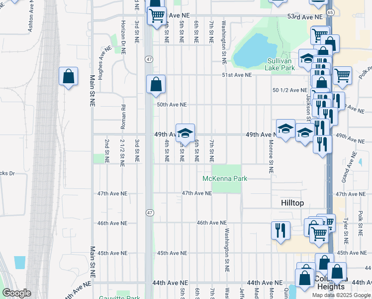 map of restaurants, bars, coffee shops, grocery stores, and more near in Fridley