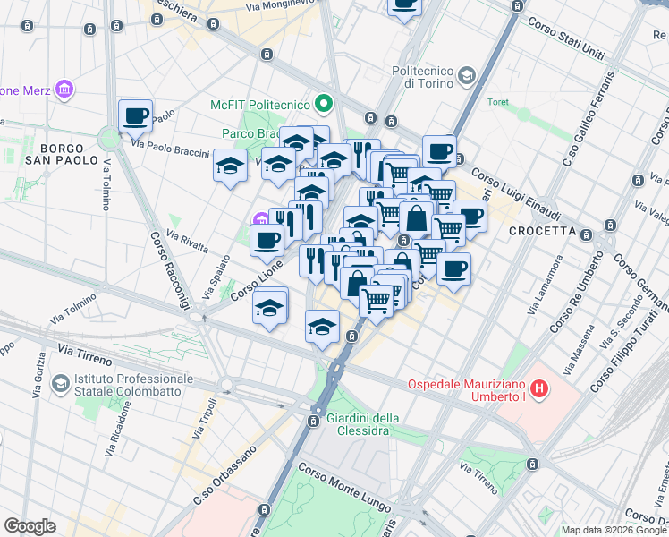 map of restaurants, bars, coffee shops, grocery stores, and more near 58 Via Giovanni da Verrazzano in Turin