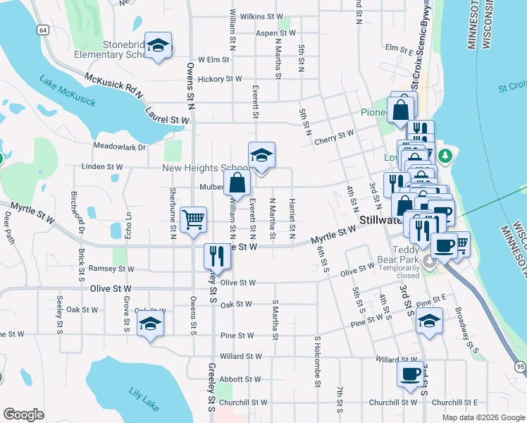 map of restaurants, bars, coffee shops, grocery stores, and more near 228 South Martha Street in Stillwater
