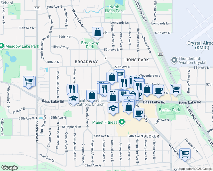 map of restaurants, bars, coffee shops, grocery stores, and more near 5708 Maryland Avenue North in Minneapolis