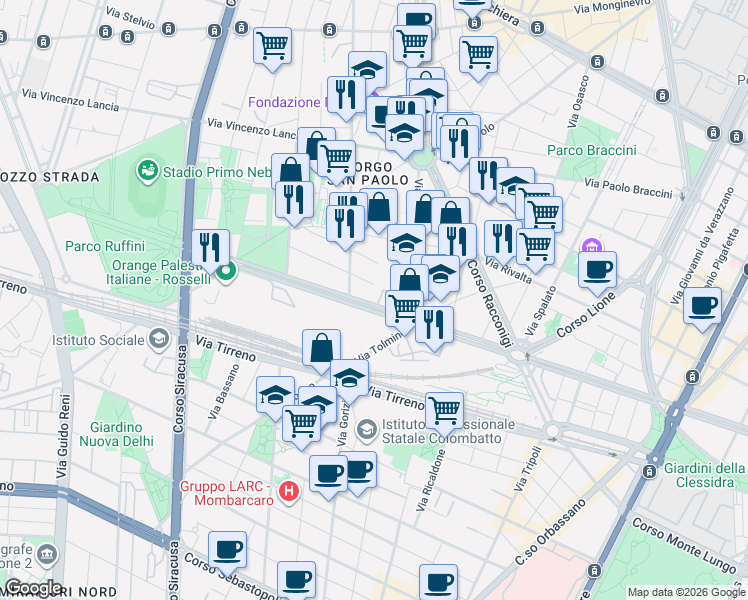map of restaurants, bars, coffee shops, grocery stores, and more near 127 Via Caraglio in Turin