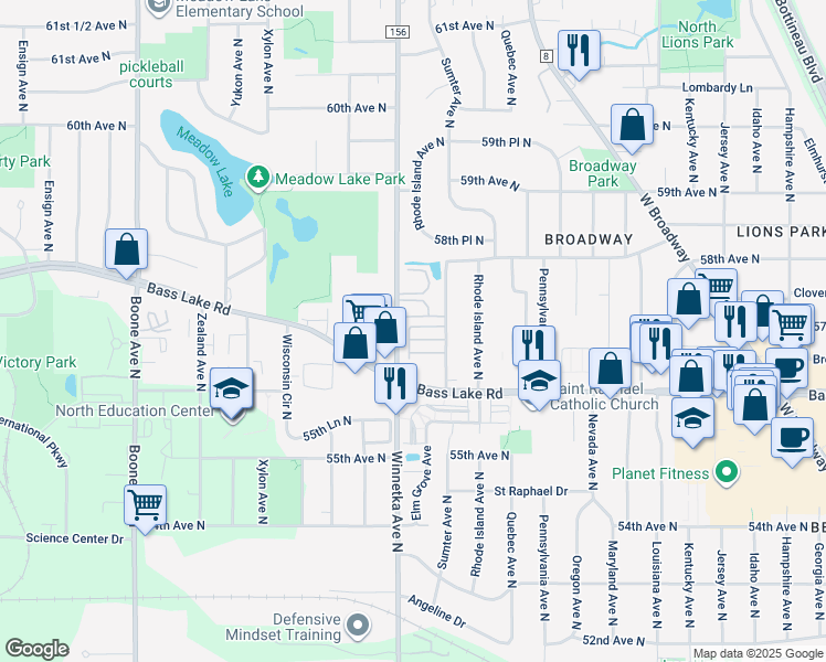 map of restaurants, bars, coffee shops, grocery stores, and more near 5672 Winnetka Avenue North in Minneapolis