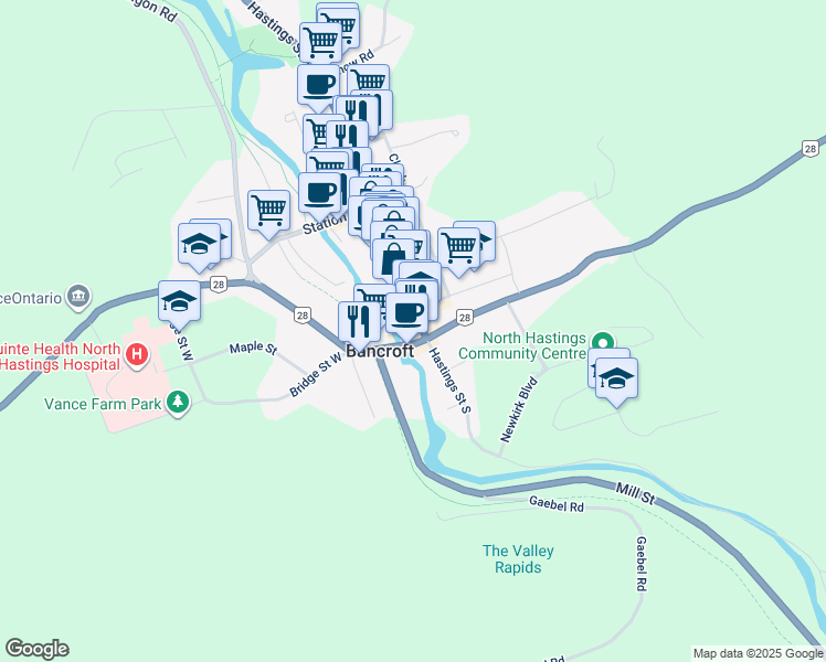 map of restaurants, bars, coffee shops, grocery stores, and more near 2 Hastings Street North in Bancroft