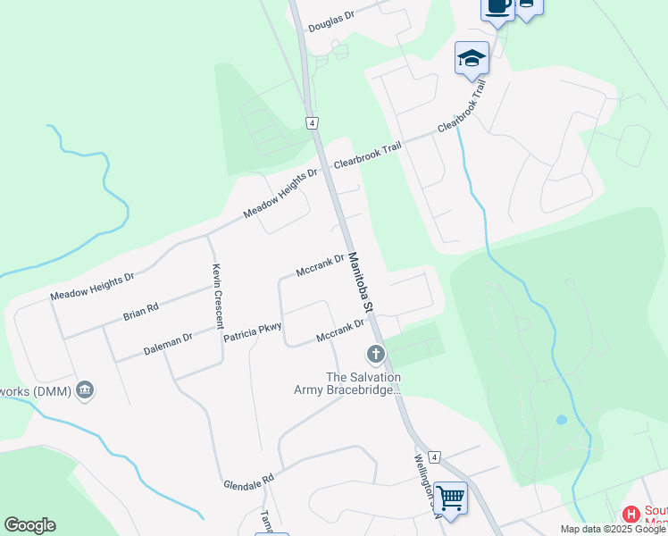map of restaurants, bars, coffee shops, grocery stores, and more near 4 Mccrank Drive in Bracebridge