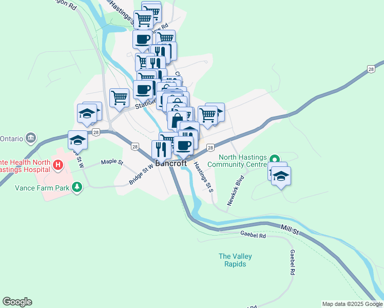 map of restaurants, bars, coffee shops, grocery stores, and more near 2 Hastings Street North in Bancroft