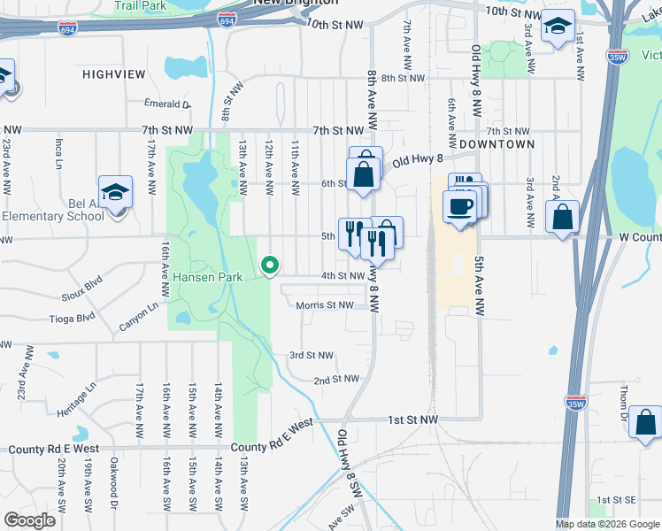 map of restaurants, bars, coffee shops, grocery stores, and more near 478 9th Avenue Northwest in New Brighton