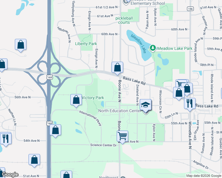 map of restaurants, bars, coffee shops, grocery stores, and more near 8711 Bass Lake Rd in Minneapolis