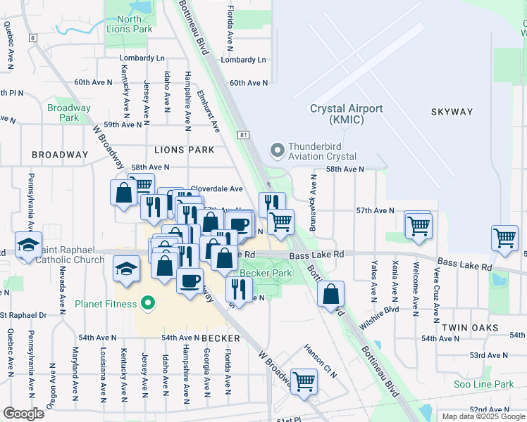 map of restaurants, bars, coffee shops, grocery stores, and more near 5712 Lakeland Avenue North in Crystal