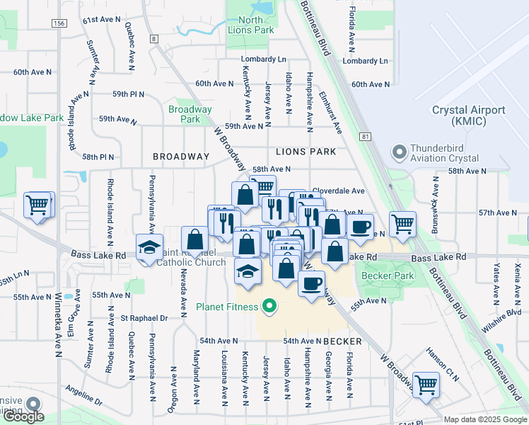 map of restaurants, bars, coffee shops, grocery stores, and more near 5714 West Broadway Avenue in Minneapolis