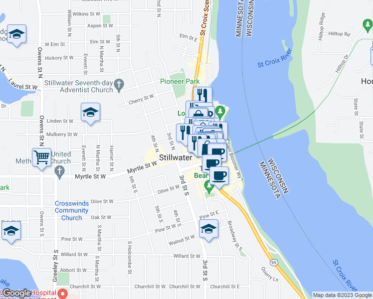 map of restaurants, bars, coffee shops, grocery stores, and more near 102 2nd Street North in Stillwater