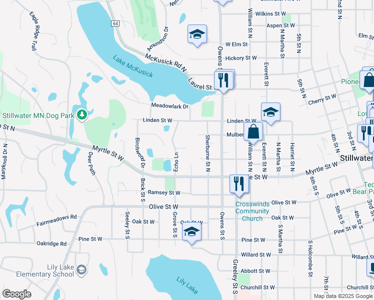 map of restaurants, bars, coffee shops, grocery stores, and more near 1127 Mulberry Street West in Stillwater