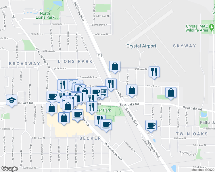map of restaurants, bars, coffee shops, grocery stores, and more near 5695-5753 Bottineau Boulevard in Crystal