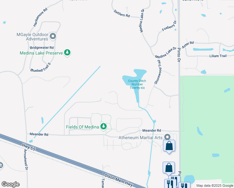 map of restaurants, bars, coffee shops, grocery stores, and more near 4001 Shorewood Trail in Medina