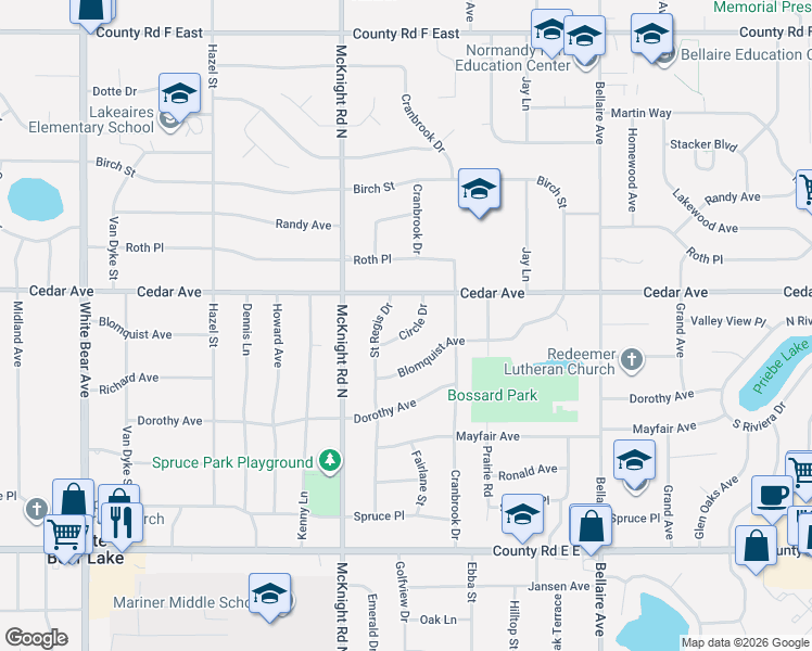 map of restaurants, bars, coffee shops, grocery stores, and more near 3830 Saint Regis Drive in White Bear Lake