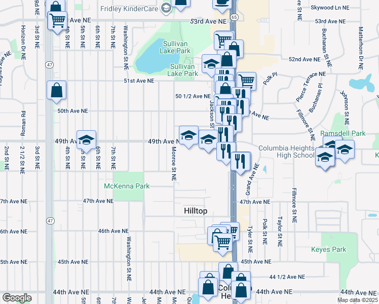 map of restaurants, bars, coffee shops, grocery stores, and more near 800 49th Avenue Northeast in Hilltop