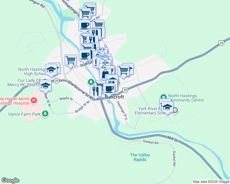 map of restaurants, bars, coffee shops, grocery stores, and more near 5 Hastings Street North in Bancroft