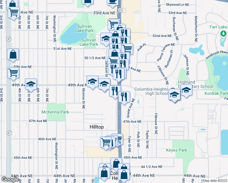 map of restaurants, bars, coffee shops, grocery stores, and more near 841 49th Avenue Northeast in Minneapolis