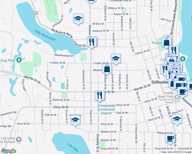 map of restaurants, bars, coffee shops, grocery stores, and more near 220 Greeley Street North in Stillwater