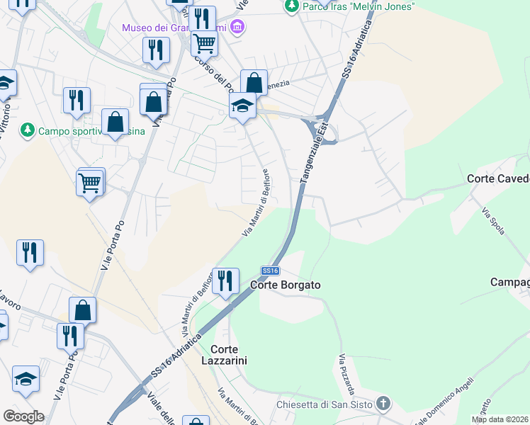 map of restaurants, bars, coffee shops, grocery stores, and more near 57 Via Silvio Barucchello in Provincia di Rovigo