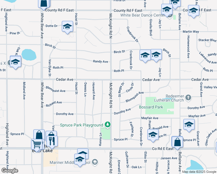 map of restaurants, bars, coffee shops, grocery stores, and more near 3822 Kenny Lane in White Bear Lake