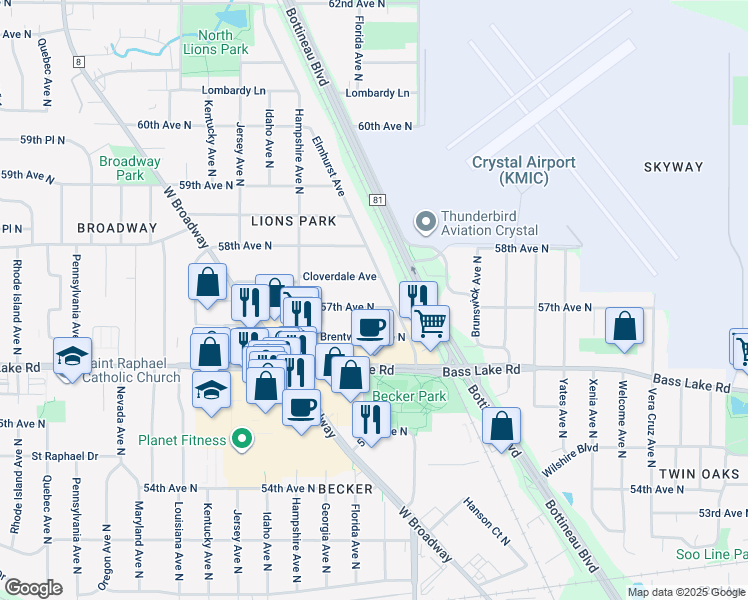 map of restaurants, bars, coffee shops, grocery stores, and more near 5716 Elmhurst Avenue in Minneapolis