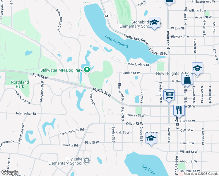 map of restaurants, bars, coffee shops, grocery stores, and more near 112 Myrtlewood Court in Stillwater