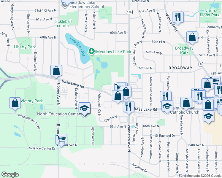 map of restaurants, bars, coffee shops, grocery stores, and more near 8100 Bass Lake Road in Minneapolis