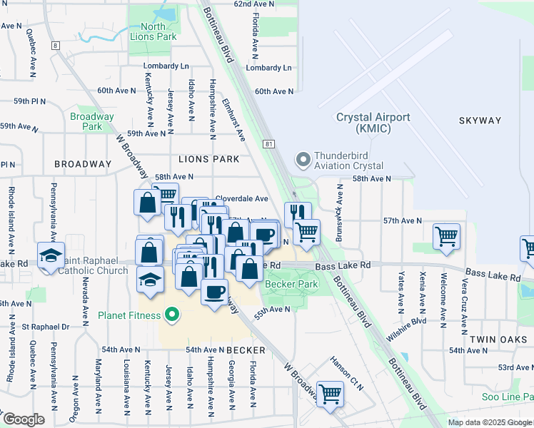 map of restaurants, bars, coffee shops, grocery stores, and more near 5716 Elmhurst Avenue in Minneapolis