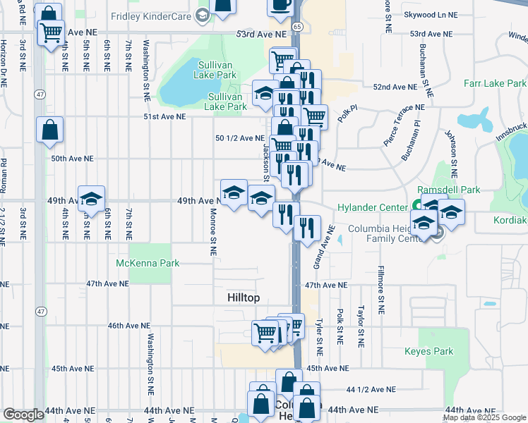map of restaurants, bars, coffee shops, grocery stores, and more near 900 49th Avenue Northeast in Columbia Heights