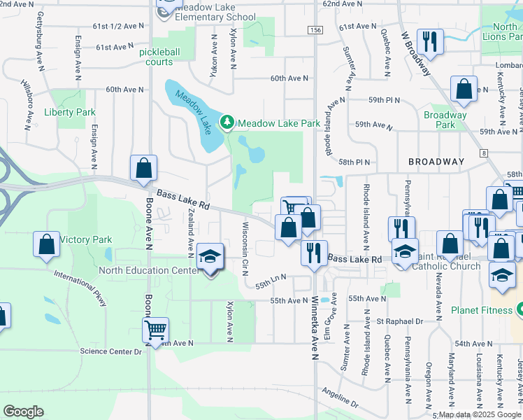 map of restaurants, bars, coffee shops, grocery stores, and more near 8100 Bass Lake Road in Minneapolis