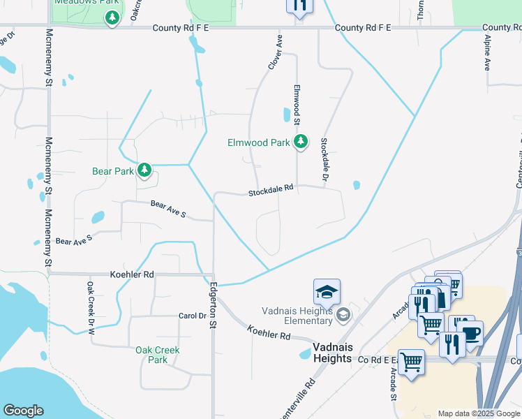 map of restaurants, bars, coffee shops, grocery stores, and more near 667 Parkwood Circle in Vadnais Heights