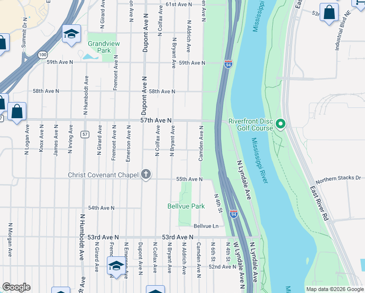 map of restaurants, bars, coffee shops, grocery stores, and more near 5606 North Bryant Avenue in Minneapolis