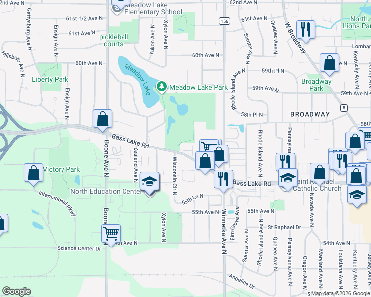 map of restaurants, bars, coffee shops, grocery stores, and more near 8100 Bass Lake Road in Minneapolis
