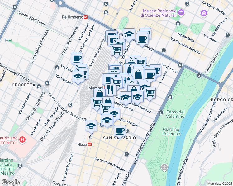 map of restaurants, bars, coffee shops, grocery stores, and more near 9 Corso Guglielmo Marconi in Torino