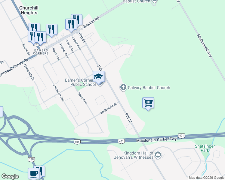 map of restaurants, bars, coffee shops, grocery stores, and more near Pitt Street in Cornwall
