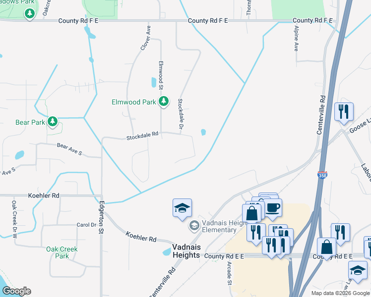 map of restaurants, bars, coffee shops, grocery stores, and more near 756 Stockdale Road in Vadnais Heights