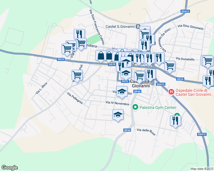 map of restaurants, bars, coffee shops, grocery stores, and more near 24 Via Goffredo Mameli in Castel San Giovanni