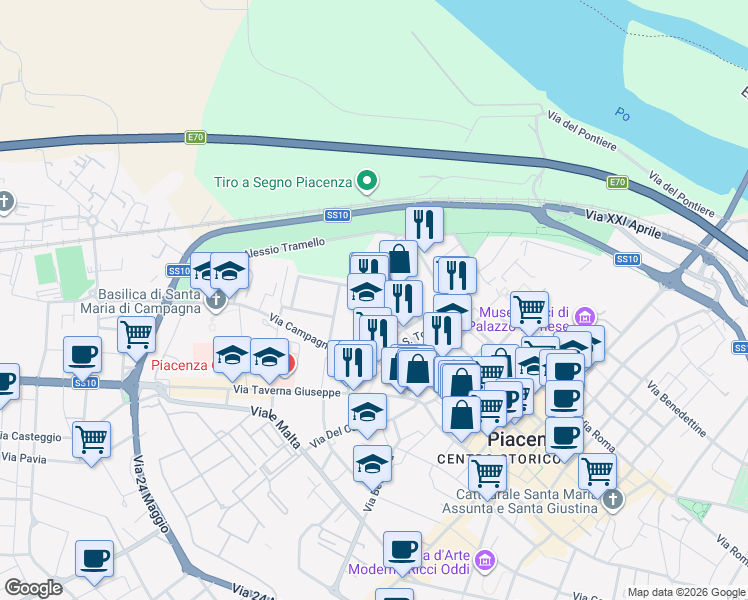 map of restaurants, bars, coffee shops, grocery stores, and more near 33 Via San Bartolomeo in Piacenza