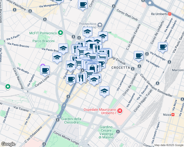 map of restaurants, bars, coffee shops, grocery stores, and more near 46 Via Amerigo Vespucci in Torino