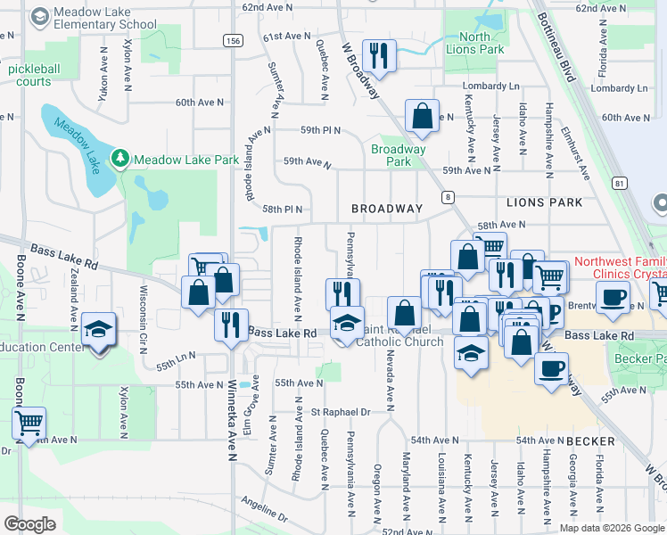 map of restaurants, bars, coffee shops, grocery stores, and more near 5717 Pennsylvania Avenue North in Minneapolis