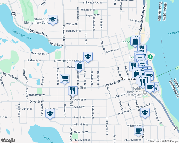 map of restaurants, bars, coffee shops, grocery stores, and more near 228 South Martha Street in Stillwater