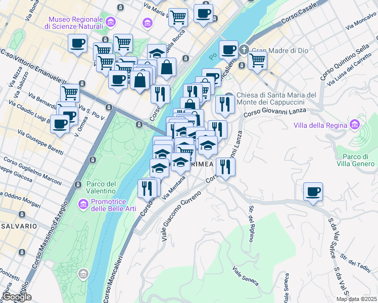 map of restaurants, bars, coffee shops, grocery stores, and more near 1-7 Via Volturno in Torino