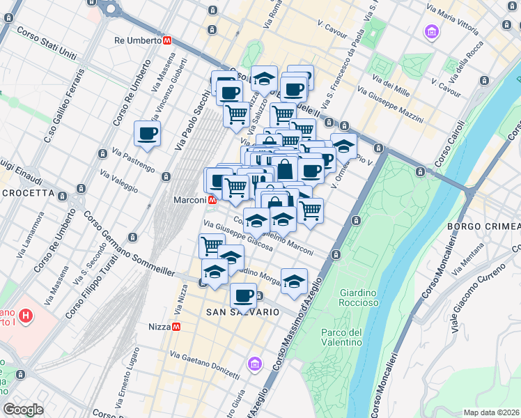 map of restaurants, bars, coffee shops, grocery stores, and more near 38 Via Sant'Anselmo in Turin