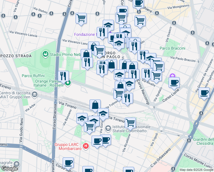 map of restaurants, bars, coffee shops, grocery stores, and more near 127 Via Caraglio in Turin